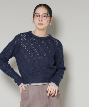 ヘアリー透かしダイヤ柄ニットプルオーバー