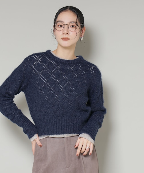 ヘアリー透かしダイヤ柄ニットプルオーバー