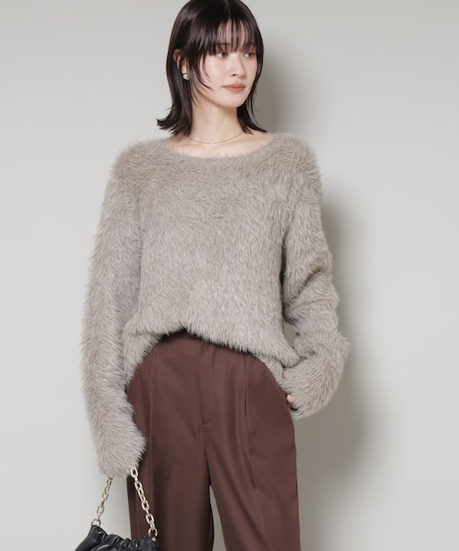 ミックスシャギーボートネックワイドニット