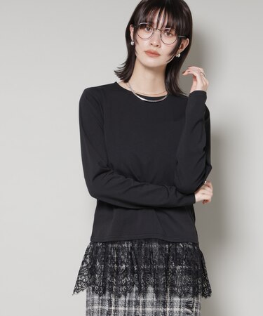 裾レースドッキングロングTシャツ