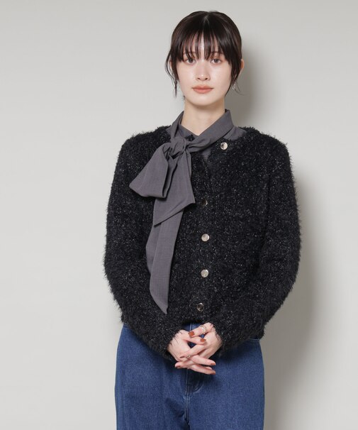 チュールシャギークルーネックニットカーディガン