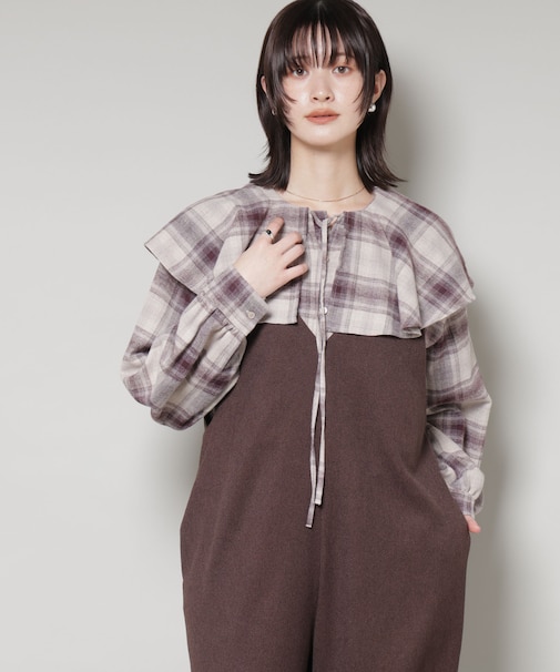 フリルカラーオンブレーチェックブラウス(セットアップ可)