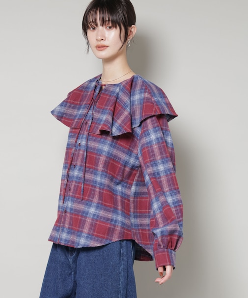フリルカラーオンブレーチェックブラウス(セットアップ可)