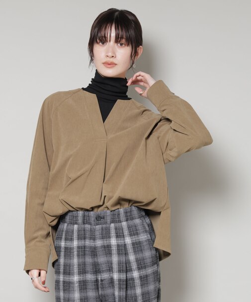 ストレッチ起毛スキッパープルオーバーブラウス(セットアップ可)