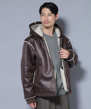 クラックフェイクムートンフードブルゾン