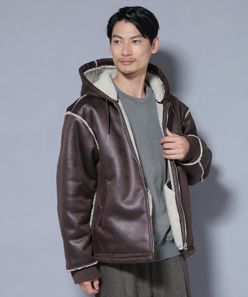 クラックフェイクムートンフードブルゾン