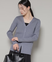 裾スリットVネックリブカーディガン