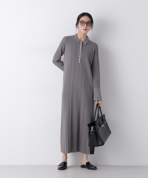 衿付きランダムリブニットワンピース