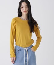 メタルボタンスリーブクルーネックリブカットトップス