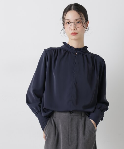 前後2wayスタンドカラーギャザーブラウス