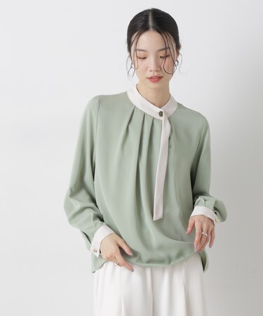 フロントタックバイカラーボータイブラウス