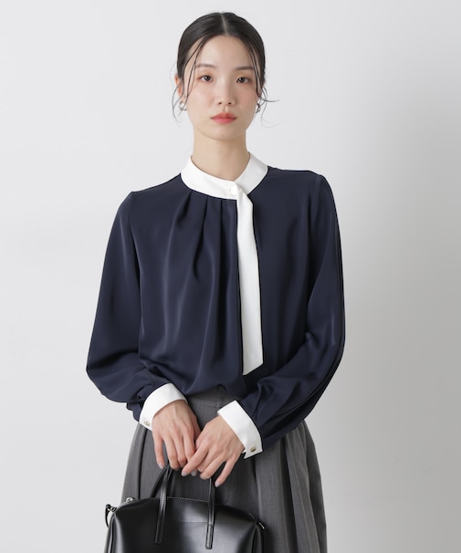 フロントタックバイカラーボータイブラウス