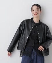 フェイクレザーパールドットノーカラージャケット