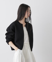 梨地ダブルフェイスジップアップニット