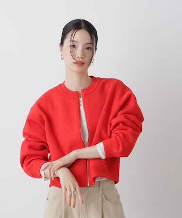 梨地ダブルフェイスジップアップニット