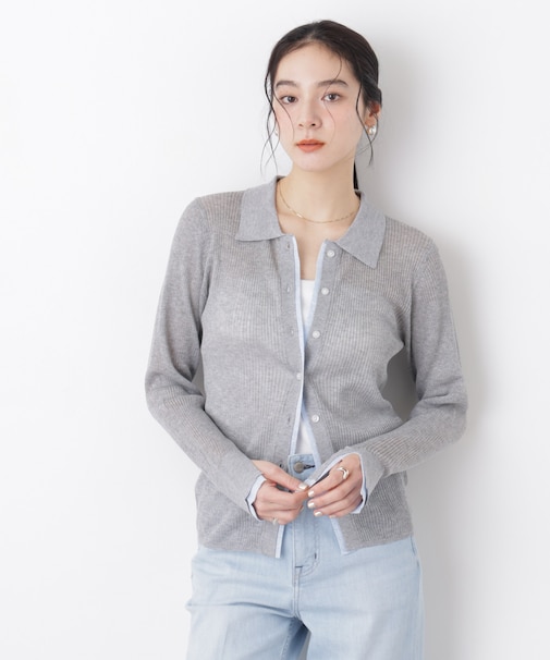 バイカラーシアーリブ衿付きカーディガン