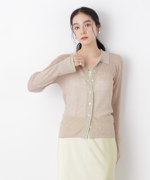 バイカラーシアーリブ衿付きカーディガン