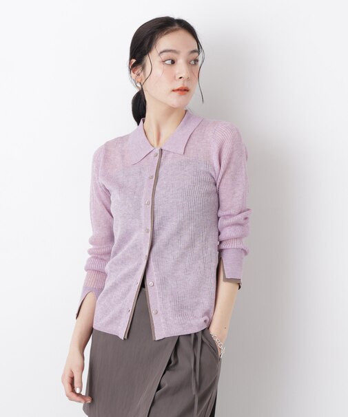 バイカラーシアーリブ衿付きカーディガン