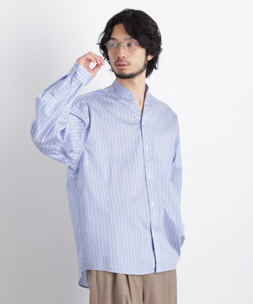 「OtoNANO」大人のワイドシャツバンドカラー ストライプ長袖
