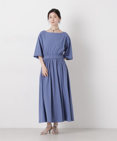 ウエストギャザーボートネックワンピース