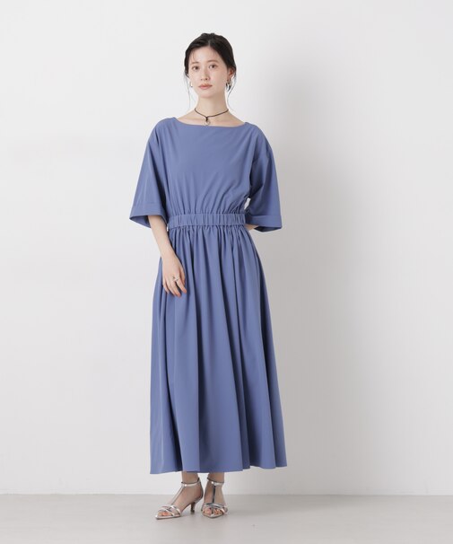 ウエストギャザーボートネックワンピース