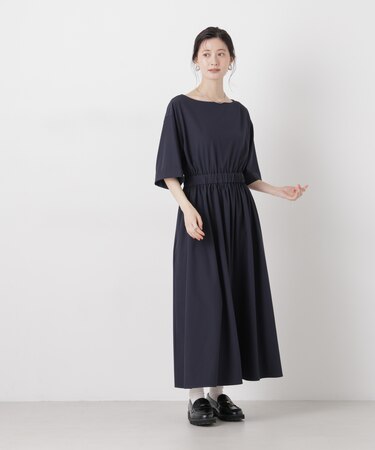 ウエストギャザーボートネックワンピース