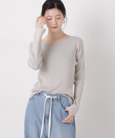 洗濯機洗可アシンメトリーネックデザインリブニット