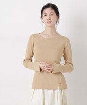 洗濯機洗可アシンメトリーネックデザインリブニット
