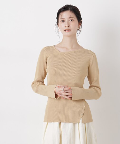 洗濯機洗可アシンメトリーネックデザインリブニット