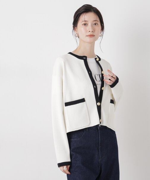 洗濯機洗可バイカラーニットジャケットカーディガン(セットアップ可)