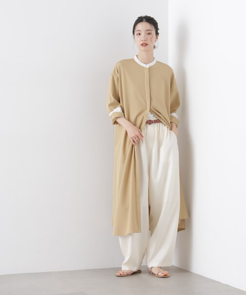 バイカラーフレアスタンドカラーワンピース