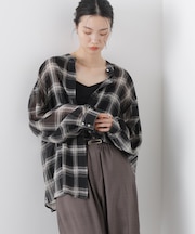 シアーチェックプリントピンタックスタンドカラーブラウス