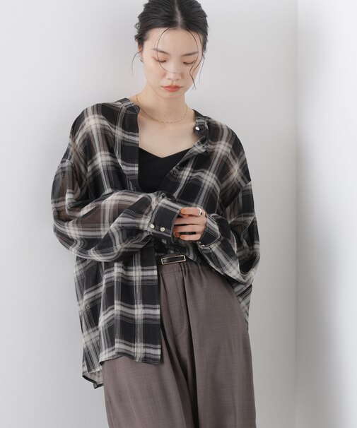 シアーチェックプリントピンタックスタンドカラーブラウス