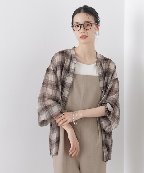 シアーチェックプリントピンタックスタンドカラーブラウス