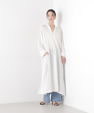 マシンウォッシャブルリネン混 スタンドカラーワンピース