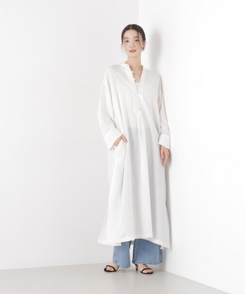 マシンウォッシャブルリネン混 スタンドカラーワンピース