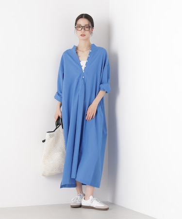 マシンウォッシャブルリネン混 スタンドカラーワンピース