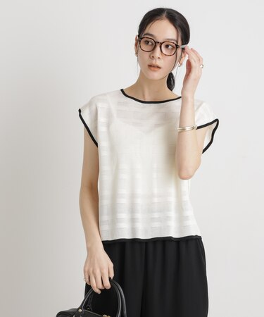 シアーチェックバイカラーパイピングニット