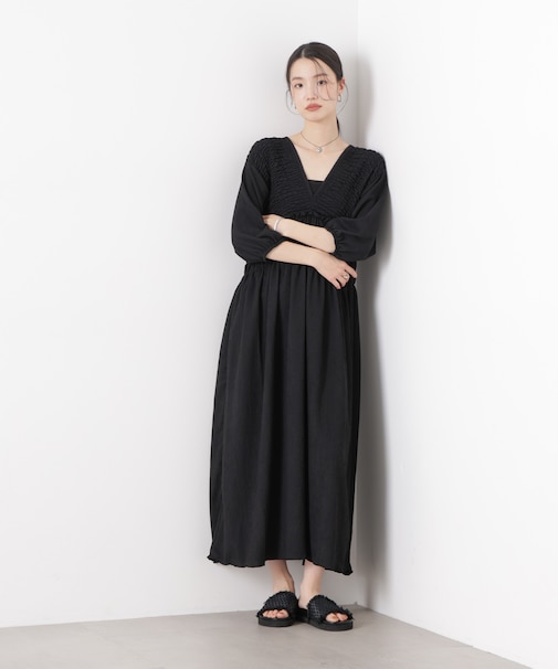 楊柳Vネックシャーリングワンピース