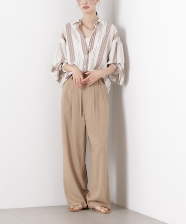 多機能リネン混リボンベルト付タックワイドパンツ(セットアップ可)