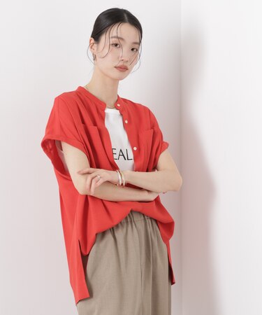 多機能リネン混スタンドカラードルマンフレンチスリーブシャツ(セットアップ可)