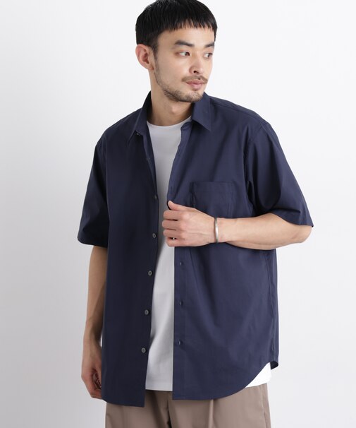 ポリエステル／麻混 半袖レギュラーカラーシャツ
