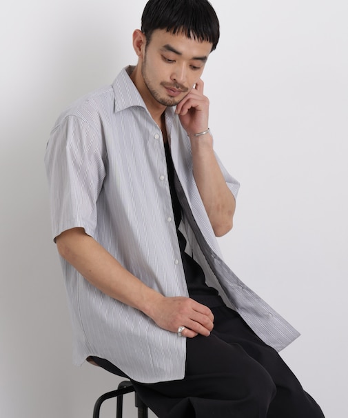 ポリエステル／麻混 半袖ワイドスプレッドカラー ストライプ