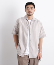ポリエステル／麻混 半袖ワイドスプレッドカラー ストライプ