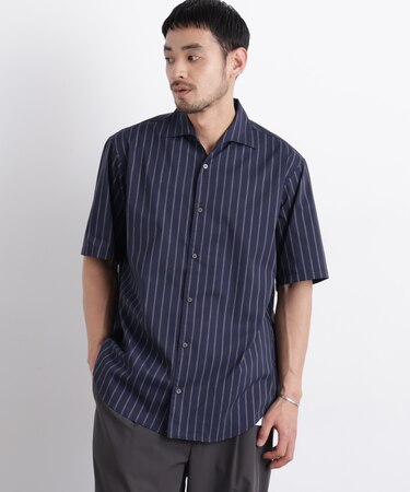 ポリエステル／麻混 半袖ワイドスプレッドカラー ストライプ