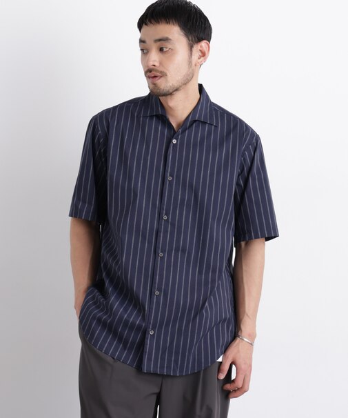 ポリエステル／麻混 半袖ワイドスプレッドカラー ストライプ