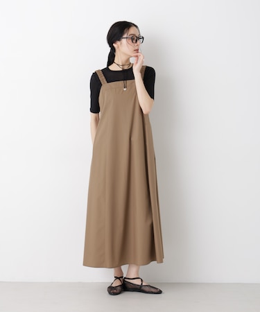 ギャザーストラップコットンフレアワンピース