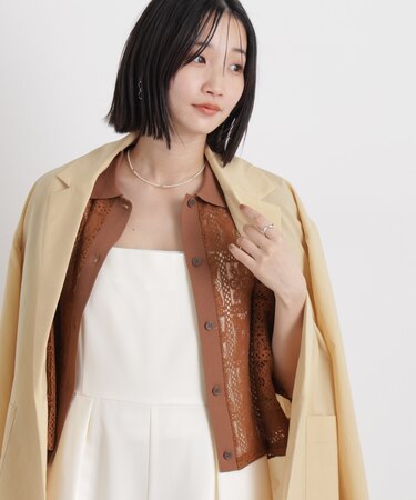 幾何柄レース半袖シャツ(セットアップ可)