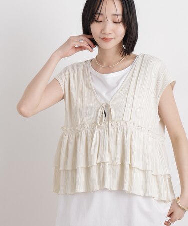 シャーリング楊柳ティアードフリルブラウス
