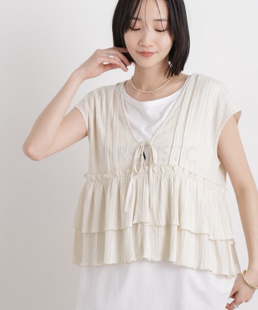 シャーリング楊柳ティアードフリルブラウス